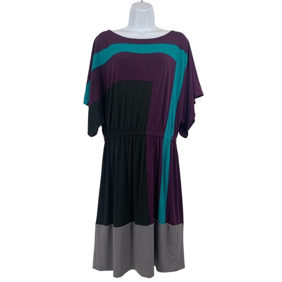 Dressbarn Womens Colorblock Geometric Print Short Sleeve Dress Size 10 Medium - Picture 1 of 11